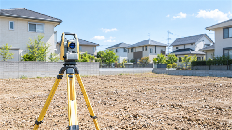 土地家屋調査士が隣地所有者と立ち会い、ブロック塀沿いの境界を確認している場面